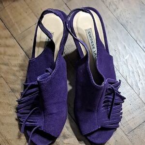 Chinese Laundry Purple Suede Fringe Slingback Heels